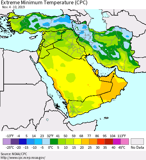 Middle East and Turkey Minimum Daily Temperature (CPC) Thematic Map For 11/4/2019 - 11/10/2019
