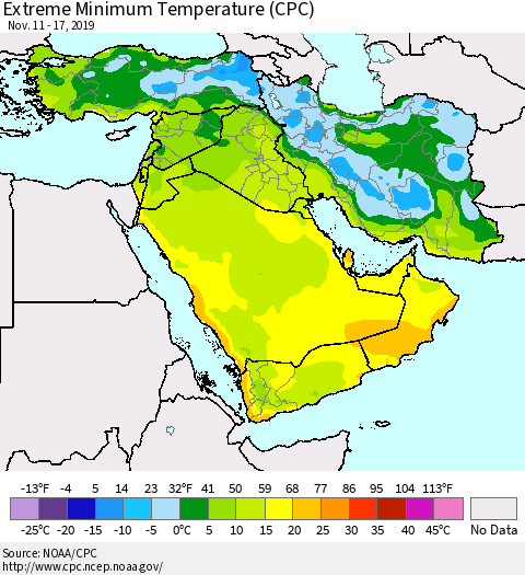 Middle East and Turkey Minimum Daily Temperature (CPC) Thematic Map For 11/11/2019 - 11/17/2019