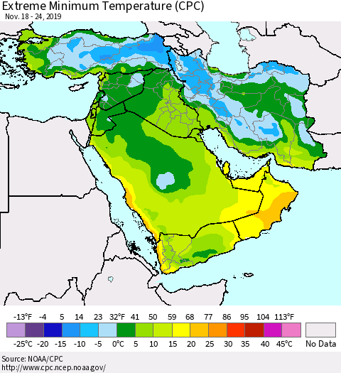 Middle East and Turkey Minimum Daily Temperature (CPC) Thematic Map For 11/18/2019 - 11/24/2019