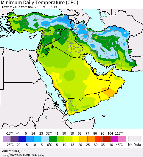 Middle East and Turkey Minimum Daily Temperature (CPC) Thematic Map For 11/25/2019 - 12/1/2019