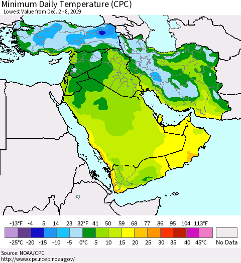 Middle East and Turkey Minimum Daily Temperature (CPC) Thematic Map For 12/2/2019 - 12/8/2019