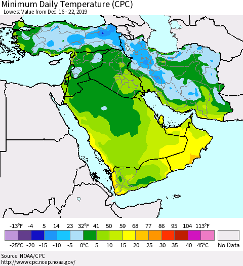 Middle East and Turkey Minimum Daily Temperature (CPC) Thematic Map For 12/16/2019 - 12/22/2019