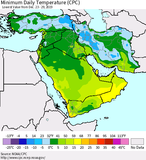 Middle East and Turkey Minimum Daily Temperature (CPC) Thematic Map For 12/23/2019 - 12/29/2019