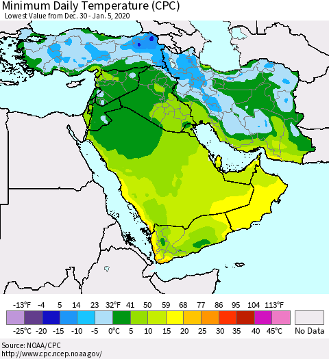 Middle East and Turkey Minimum Daily Temperature (CPC) Thematic Map For 12/30/2019 - 1/5/2020