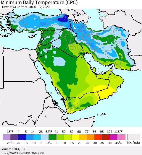 Middle East and Turkey Minimum Daily Temperature (CPC) Thematic Map For 1/6/2020 - 1/12/2020