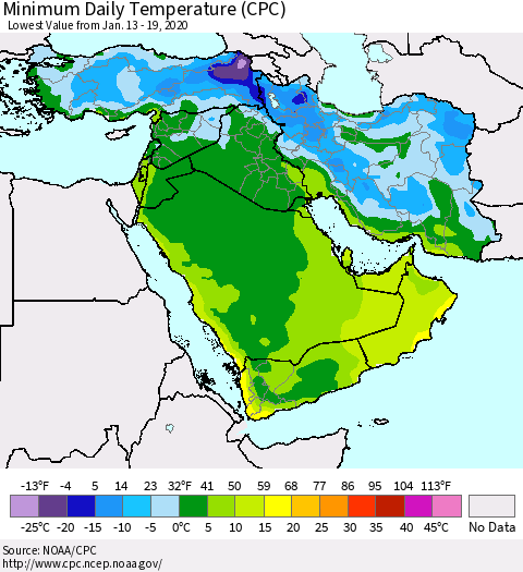 Middle East and Turkey Minimum Daily Temperature (CPC) Thematic Map For 1/13/2020 - 1/19/2020