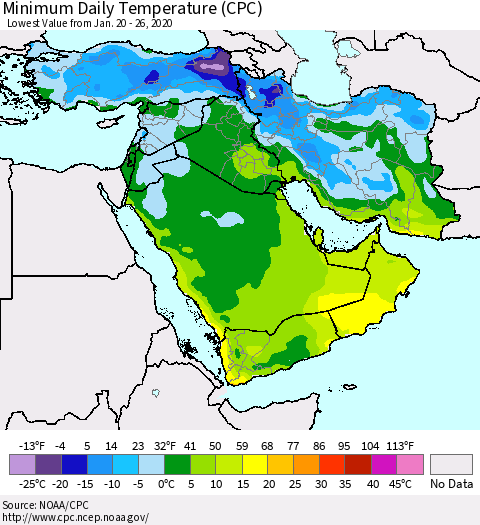Middle East and Turkey Minimum Daily Temperature (CPC) Thematic Map For 1/20/2020 - 1/26/2020