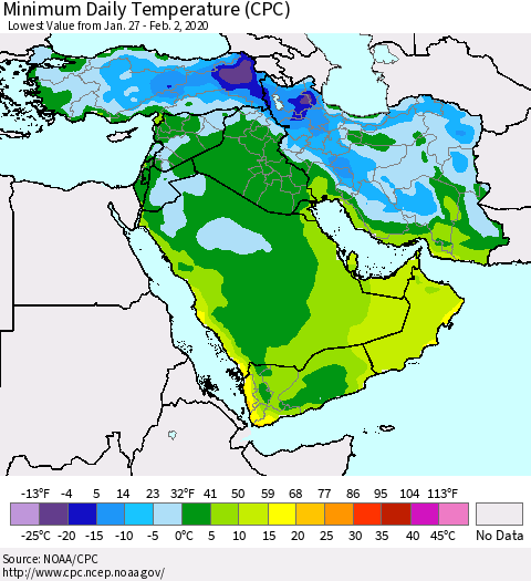Middle East and Turkey Minimum Daily Temperature (CPC) Thematic Map For 1/27/2020 - 2/2/2020