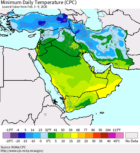 Middle East and Turkey Minimum Daily Temperature (CPC) Thematic Map For 2/3/2020 - 2/9/2020