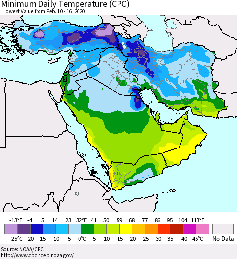 Middle East and Turkey Minimum Daily Temperature (CPC) Thematic Map For 2/10/2020 - 2/16/2020