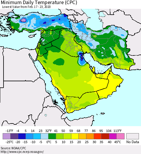 Middle East and Turkey Minimum Daily Temperature (CPC) Thematic Map For 2/17/2020 - 2/23/2020
