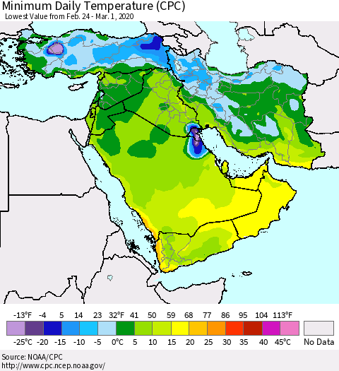 Middle East and Turkey Minimum Daily Temperature (CPC) Thematic Map For 2/24/2020 - 3/1/2020