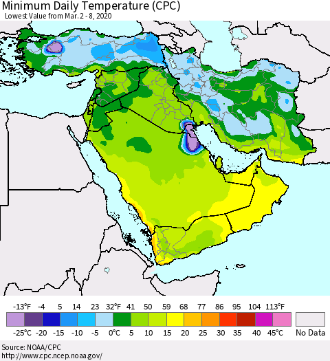 Middle East and Turkey Minimum Daily Temperature (CPC) Thematic Map For 3/2/2020 - 3/8/2020