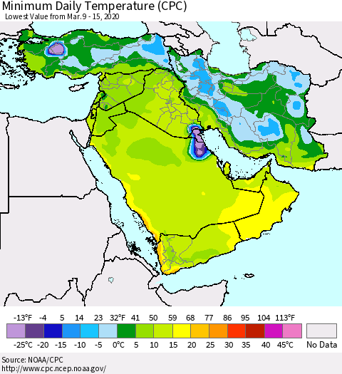 Middle East and Turkey Minimum Daily Temperature (CPC) Thematic Map For 3/9/2020 - 3/15/2020