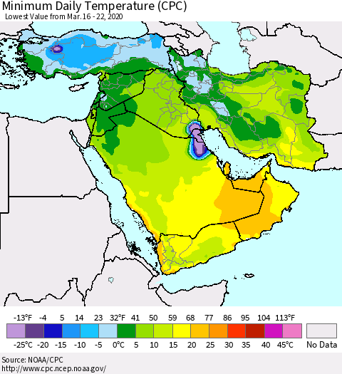 Middle East and Turkey Minimum Daily Temperature (CPC) Thematic Map For 3/16/2020 - 3/22/2020
