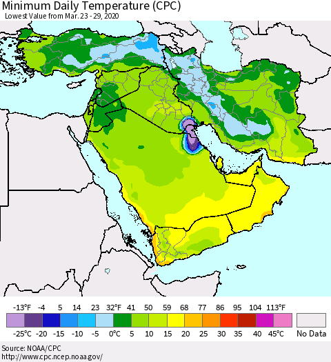 Middle East and Turkey Minimum Daily Temperature (CPC) Thematic Map For 3/23/2020 - 3/29/2020