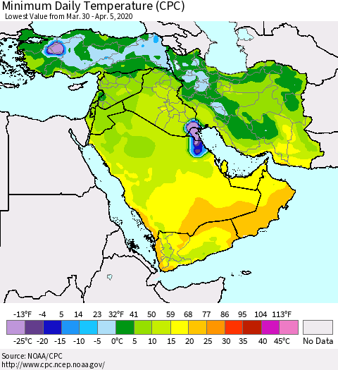 Middle East and Turkey Minimum Daily Temperature (CPC) Thematic Map For 3/30/2020 - 4/5/2020
