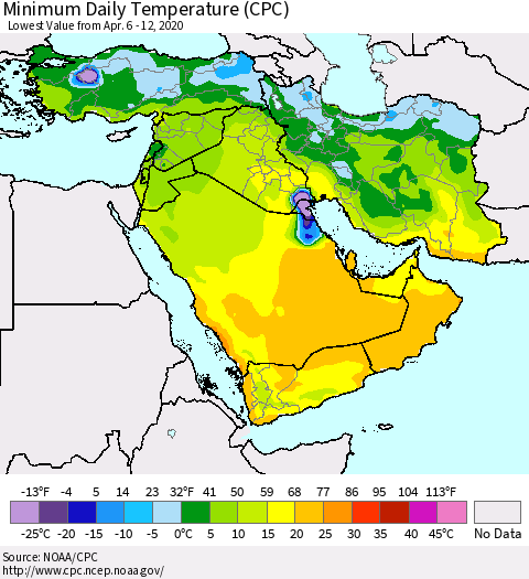 Middle East and Turkey Minimum Daily Temperature (CPC) Thematic Map For 4/6/2020 - 4/12/2020