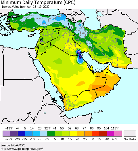 Middle East and Turkey Minimum Daily Temperature (CPC) Thematic Map For 4/13/2020 - 4/19/2020