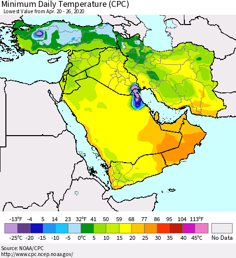 Middle East and Turkey Minimum Daily Temperature (CPC) Thematic Map For 4/20/2020 - 4/26/2020