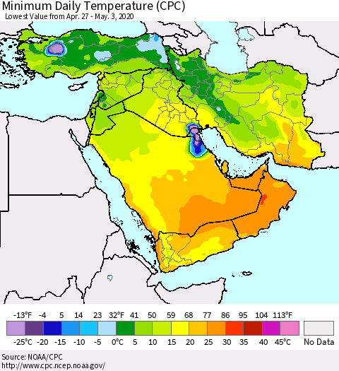 Middle East and Turkey Minimum Daily Temperature (CPC) Thematic Map For 4/27/2020 - 5/3/2020