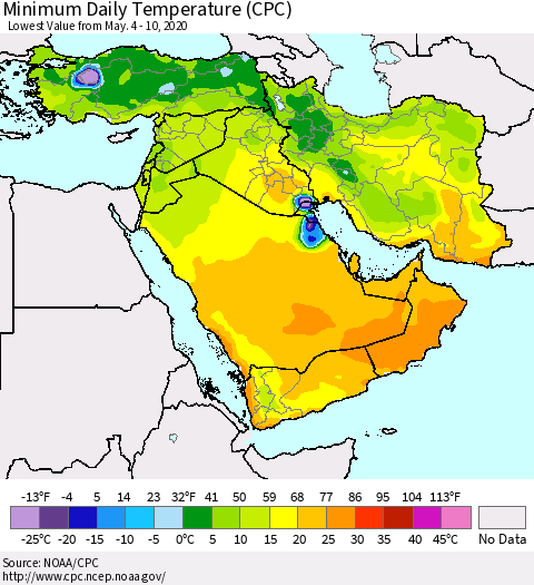 Middle East and Turkey Minimum Daily Temperature (CPC) Thematic Map For 5/4/2020 - 5/10/2020