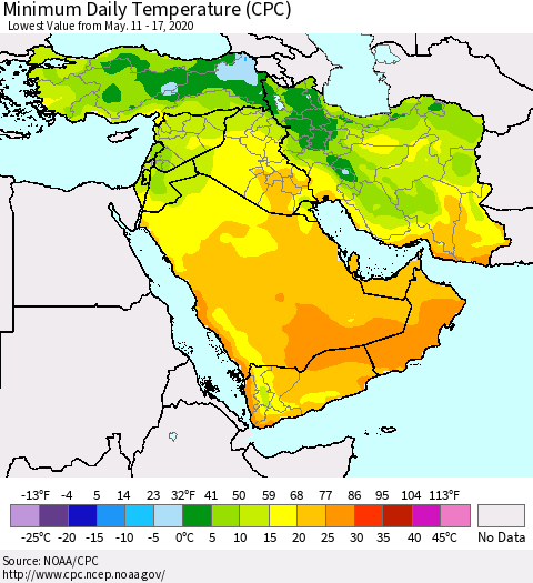 Middle East and Turkey Minimum Daily Temperature (CPC) Thematic Map For 5/11/2020 - 5/17/2020