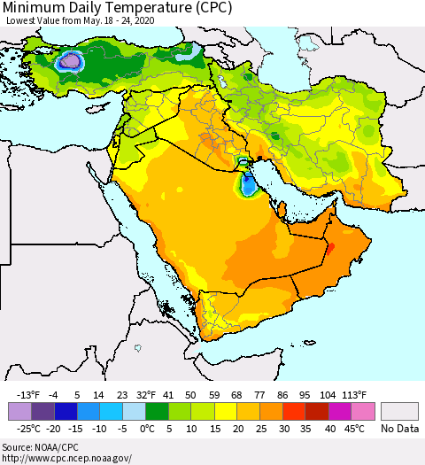 Middle East and Turkey Minimum Daily Temperature (CPC) Thematic Map For 5/18/2020 - 5/24/2020