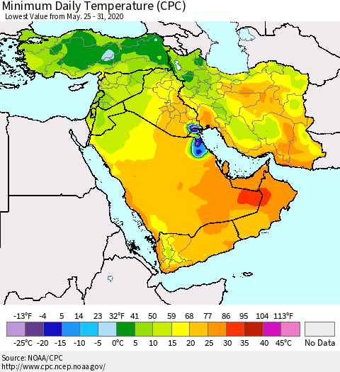 Middle East and Turkey Minimum Daily Temperature (CPC) Thematic Map For 5/25/2020 - 5/31/2020
