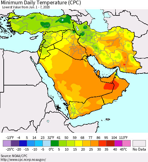 Middle East and Turkey Minimum Daily Temperature (CPC) Thematic Map For 6/1/2020 - 6/7/2020