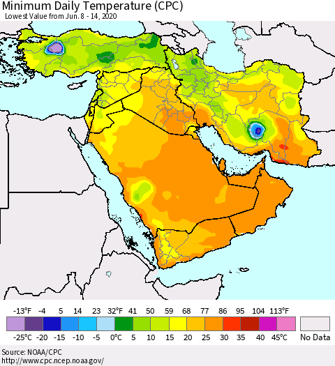 Middle East and Turkey Minimum Daily Temperature (CPC) Thematic Map For 6/8/2020 - 6/14/2020