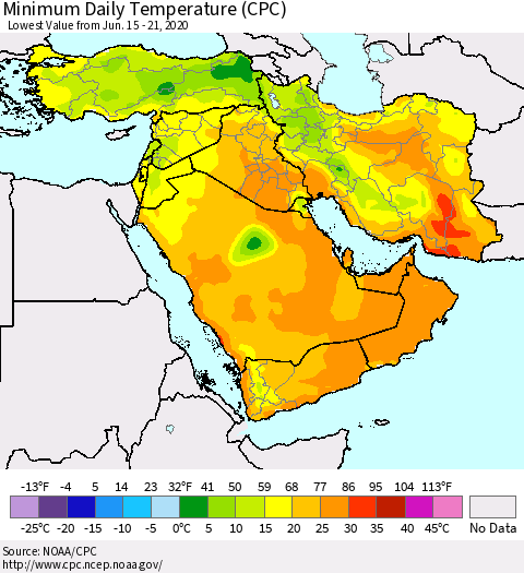 Middle East and Turkey Minimum Daily Temperature (CPC) Thematic Map For 6/15/2020 - 6/21/2020
