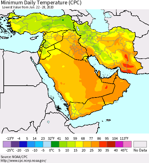 Middle East and Turkey Minimum Daily Temperature (CPC) Thematic Map For 6/22/2020 - 6/28/2020