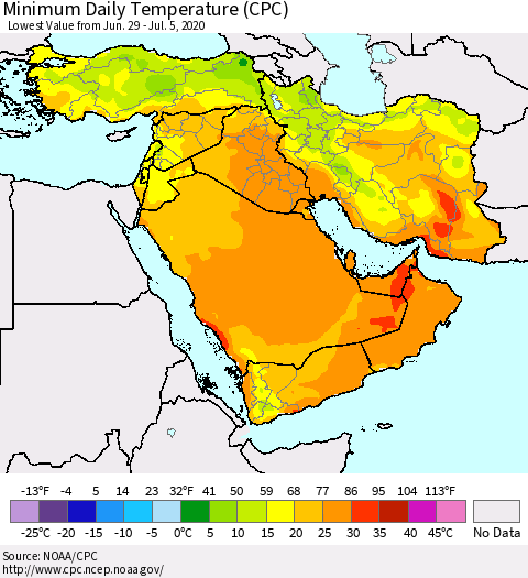 Middle East and Turkey Minimum Daily Temperature (CPC) Thematic Map For 6/29/2020 - 7/5/2020