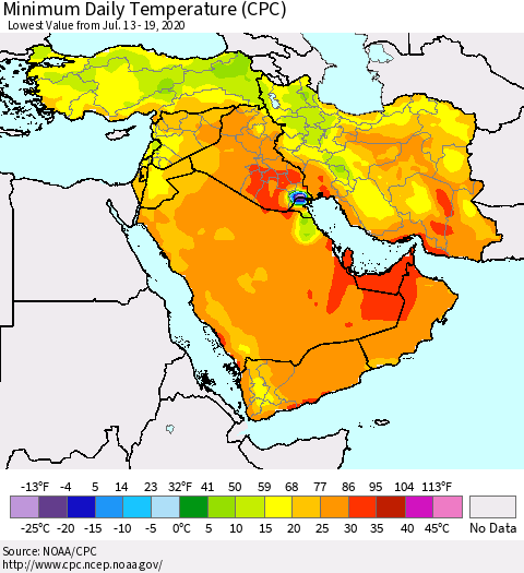 Middle East and Turkey Minimum Daily Temperature (CPC) Thematic Map For 7/13/2020 - 7/19/2020