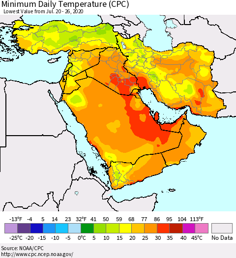 Middle East and Turkey Minimum Daily Temperature (CPC) Thematic Map For 7/20/2020 - 7/26/2020