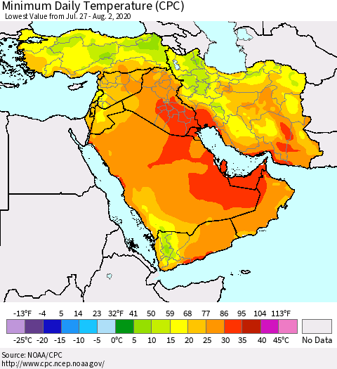 Middle East and Turkey Minimum Daily Temperature (CPC) Thematic Map For 7/27/2020 - 8/2/2020