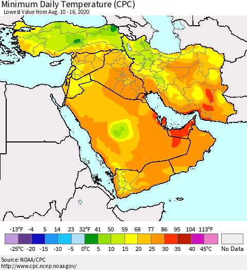Middle East and Turkey Minimum Daily Temperature (CPC) Thematic Map For 8/10/2020 - 8/16/2020