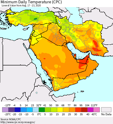 Middle East and Turkey Minimum Daily Temperature (CPC) Thematic Map For 8/17/2020 - 8/23/2020