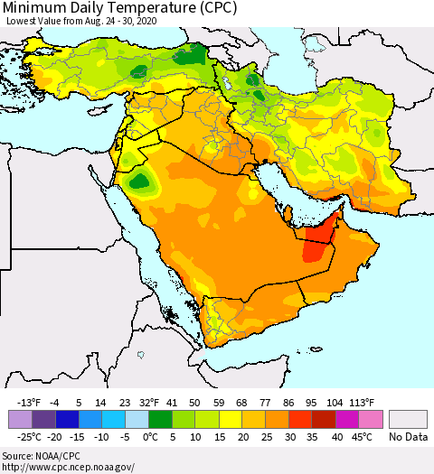 Middle East and Turkey Minimum Daily Temperature (CPC) Thematic Map For 8/24/2020 - 8/30/2020