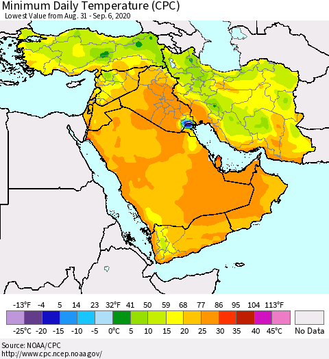 Middle East and Turkey Minimum Daily Temperature (CPC) Thematic Map For 8/31/2020 - 9/6/2020