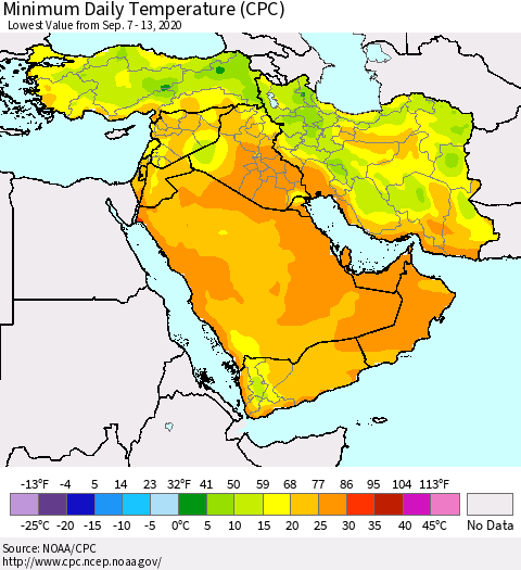 Middle East and Turkey Minimum Daily Temperature (CPC) Thematic Map For 9/7/2020 - 9/13/2020