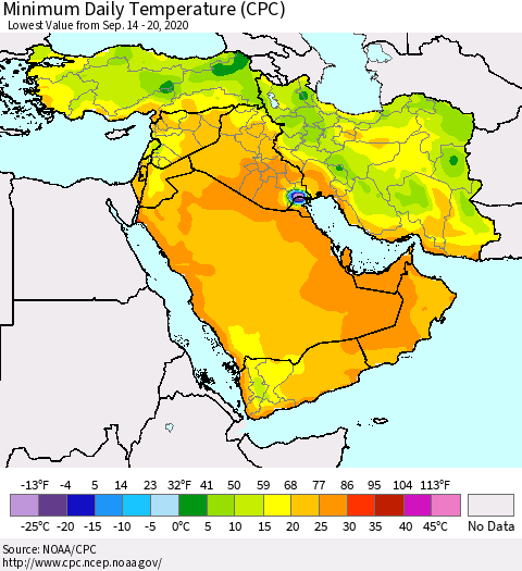 Middle East and Turkey Minimum Daily Temperature (CPC) Thematic Map For 9/14/2020 - 9/20/2020
