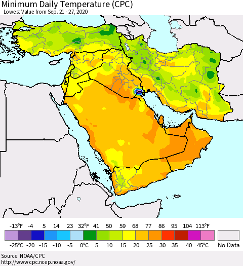Middle East and Turkey Minimum Daily Temperature (CPC) Thematic Map For 9/21/2020 - 9/27/2020