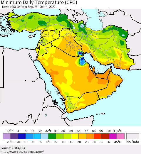Middle East and Turkey Minimum Daily Temperature (CPC) Thematic Map For 9/28/2020 - 10/4/2020