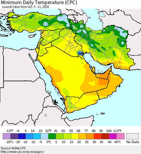 Middle East and Turkey Minimum Daily Temperature (CPC) Thematic Map For 10/5/2020 - 10/11/2020