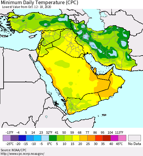 Middle East and Turkey Minimum Daily Temperature (CPC) Thematic Map For 10/12/2020 - 10/18/2020