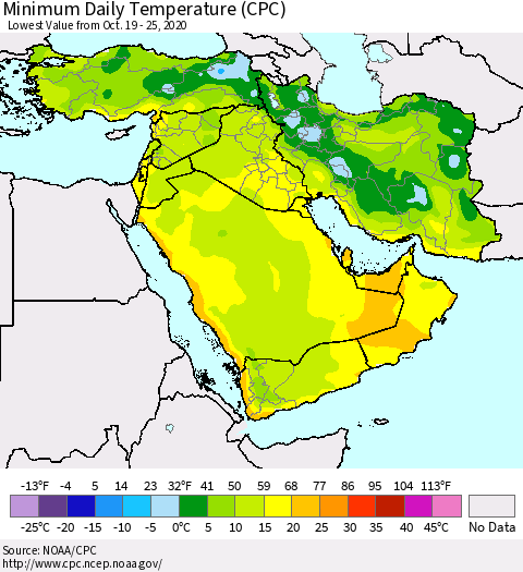 Middle East and Turkey Minimum Daily Temperature (CPC) Thematic Map For 10/19/2020 - 10/25/2020