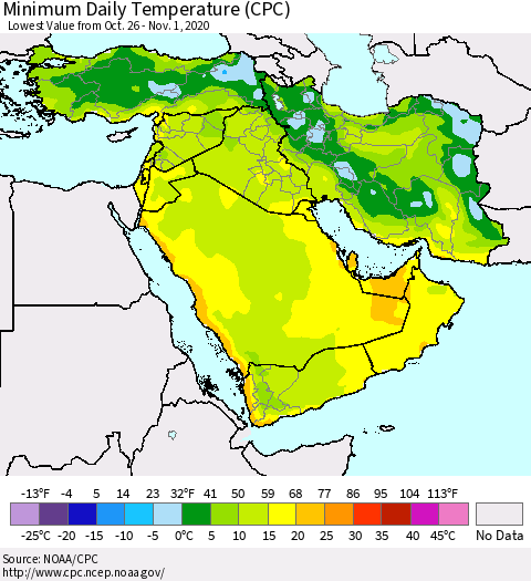Middle East and Turkey Minimum Daily Temperature (CPC) Thematic Map For 10/26/2020 - 11/1/2020