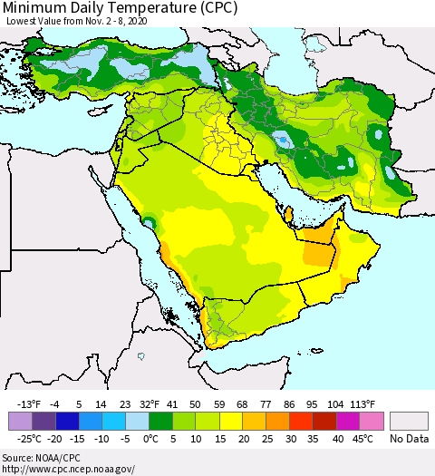 Middle East and Turkey Minimum Daily Temperature (CPC) Thematic Map For 11/2/2020 - 11/8/2020
